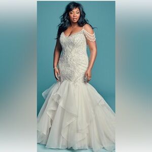 Maggie Sottero Ivory Beaded Mermaid Wedding Dress with Draped Pearl Straps